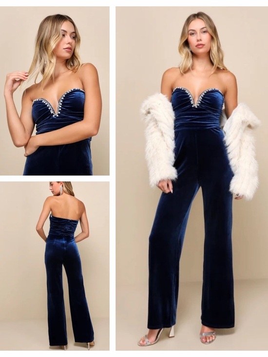 Lulus Pants - Lulu’s Fabulous Instinct Dark Blue Velvet Pearl Strapless Jumpsuit Sz: M